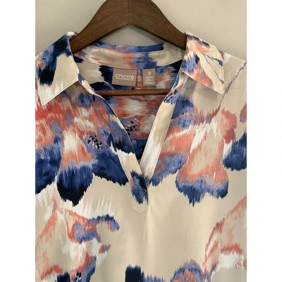 Chicos 2 Abstract Floral Blouse Top V Neck Roll Tab Slv Flowy Silky Satin Large - Picture 6 of 16